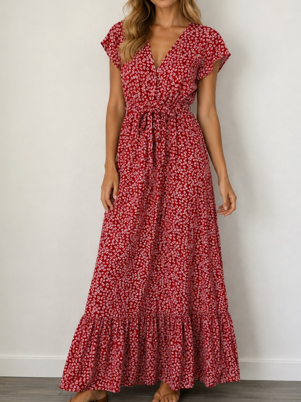 Abercrombie Red Floral Front Tie Maxi Dress Small